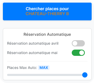 Capture d'écran VérifPlace : activation de la réservation automatique et réglage du nombre de places permis à chercher sur Rendez vous permis